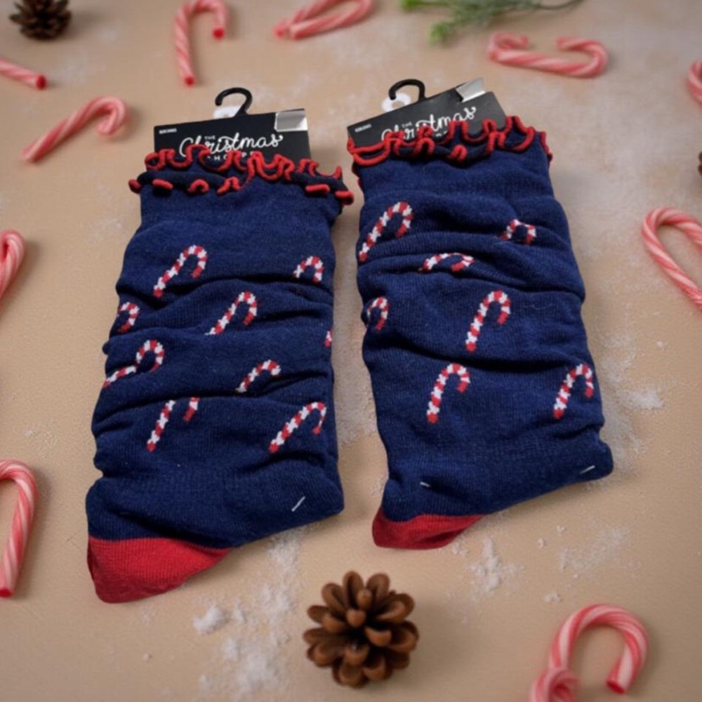 Christmas socks Ruffled Blue & Red Candy Cane Socks One size fits most NWT